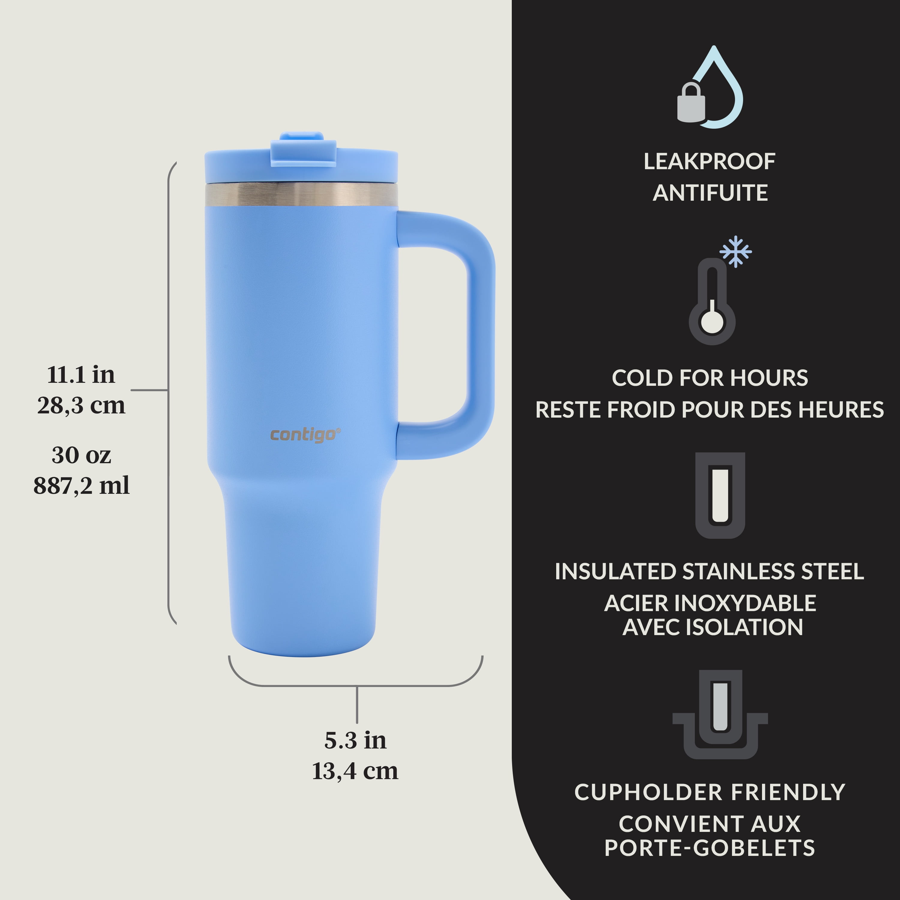 Contigo Streeterville Leak-Proof Tumbler, 30 oz (887 ml), Stainless Steel Water Bottle with Straw, Daydream Blue
