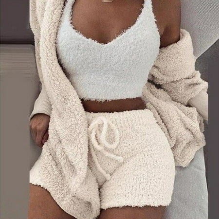 

New Autumn Winter Women‘s Velvet Pajamas Set Crop Top+Long Pants+Coat 3 Pieces Suit Warm Soft Fleece Homewear Pyjamas S-3XL