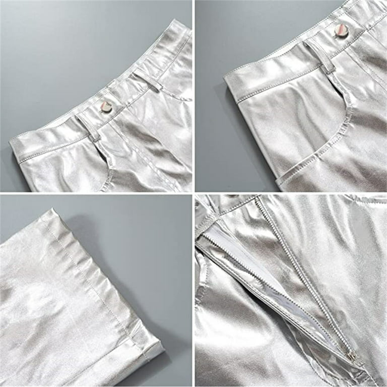Miayilima Plus Size Pants Silver Metallic Straight Leg Pants for Women High  Waist Sparkling Elastic Waist Streetwear Clubwear Pants for Women Silver M