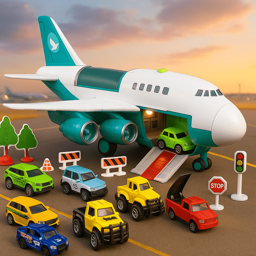JoyX Airplane & Car Toy Educational Set for Kids – Interactive Play with Lights, Sounds & Road Signs