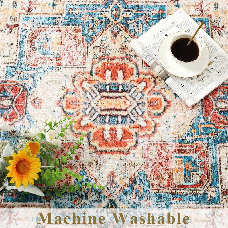 TWINNIS Round Boho Rug for Living Room Persian Rug Vintage Round Area Carpet for Bedroom,Orange,4'x4'