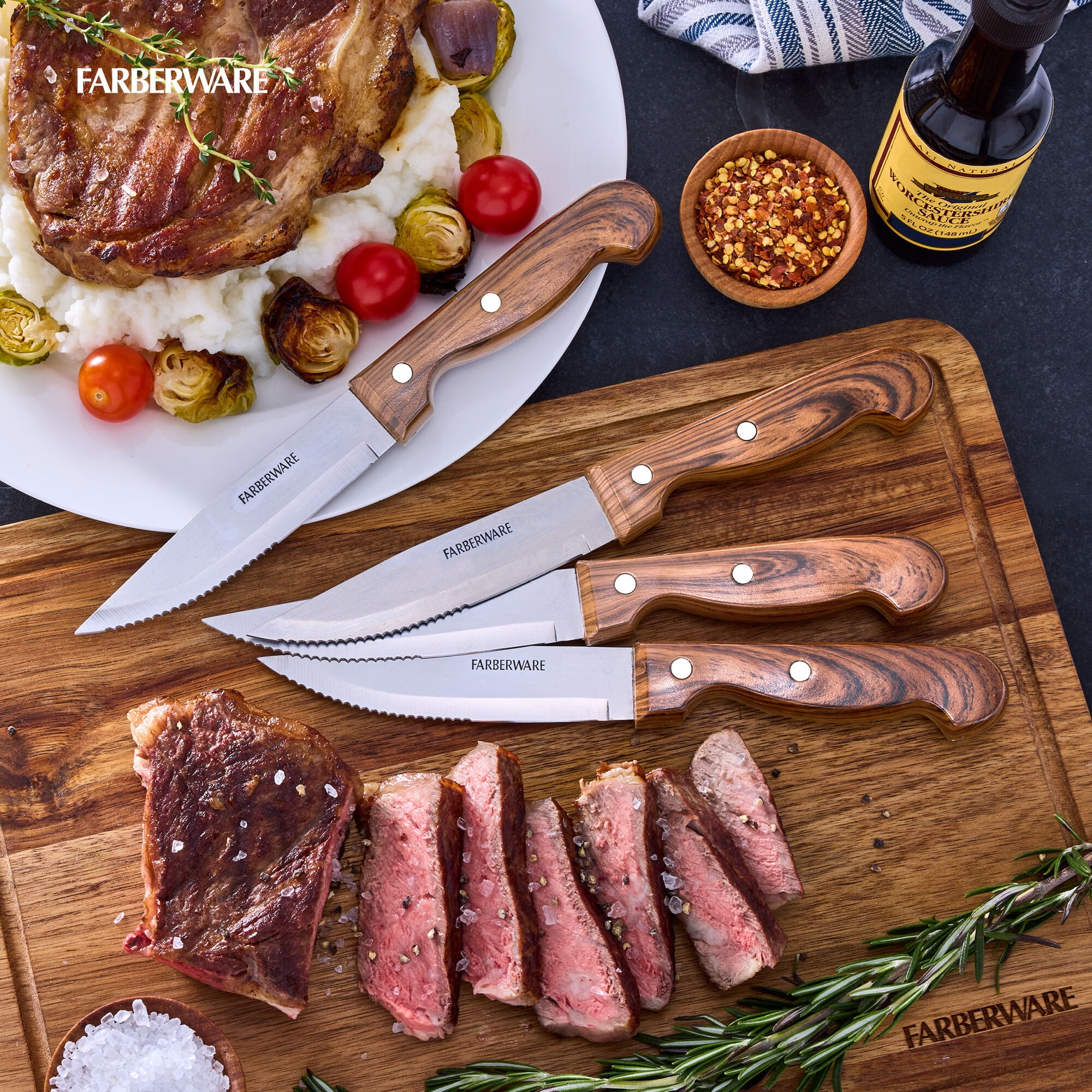 Farberware Classic 4-Piece Jumbo Dual Riveted Wood Inspired Steak Knife Set