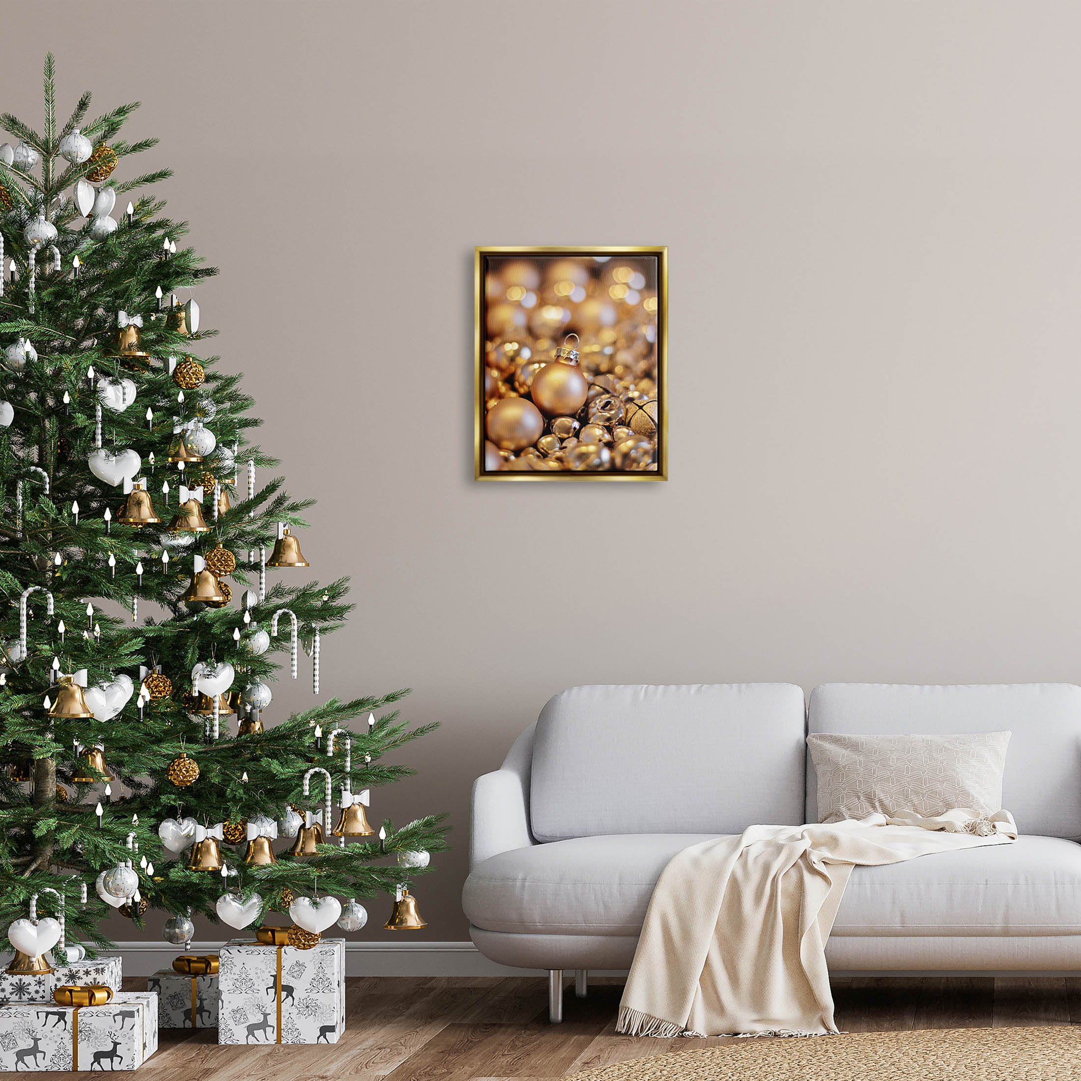 Gleaming Christmas Ornaments Bells Holiday Photograph Metallic Gold Framed Art Print Wall Art