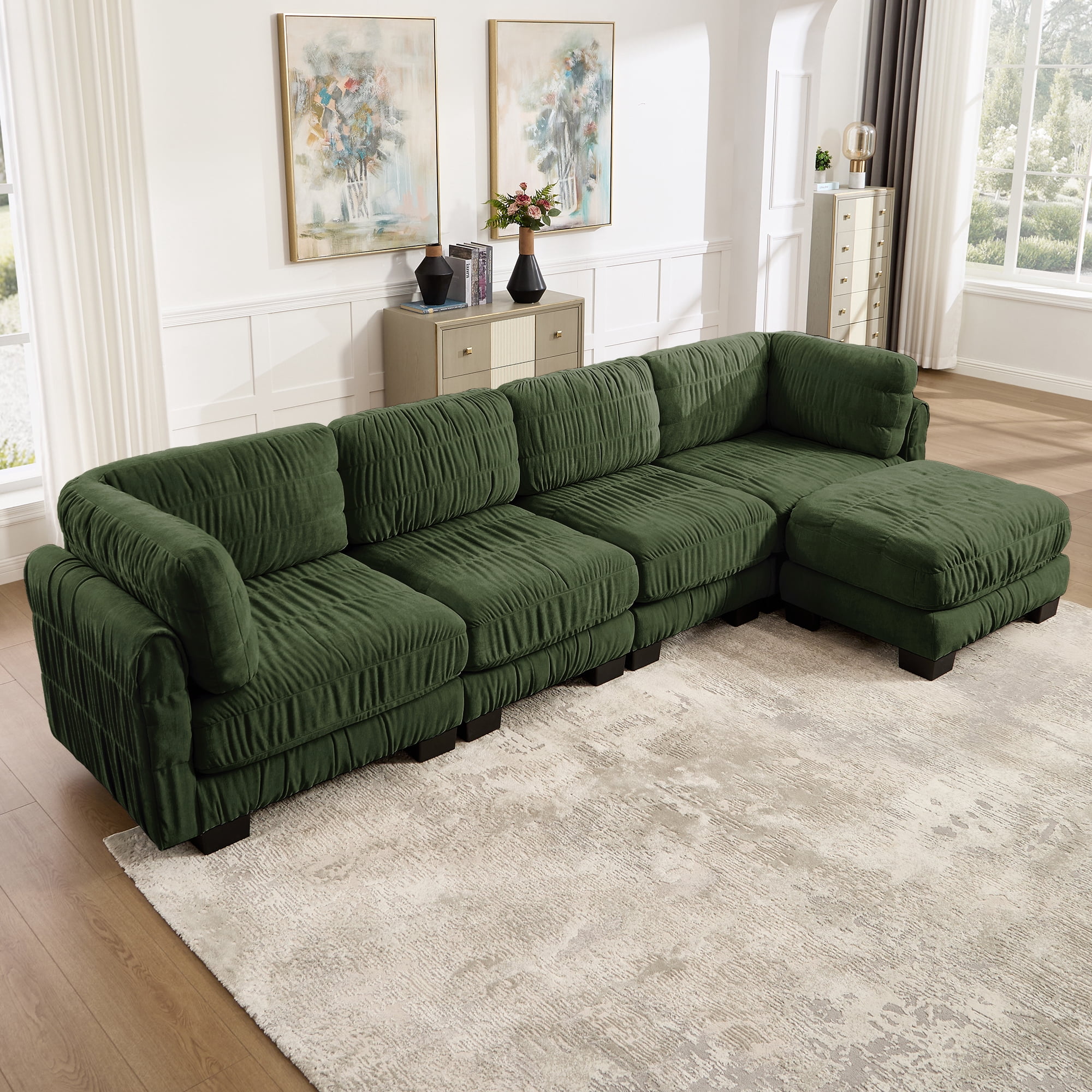 140" L Shape 4 Seat Chenille Modular Sectional Sofa with Ottoman and L Shape Back Cushions,Easy Assembly