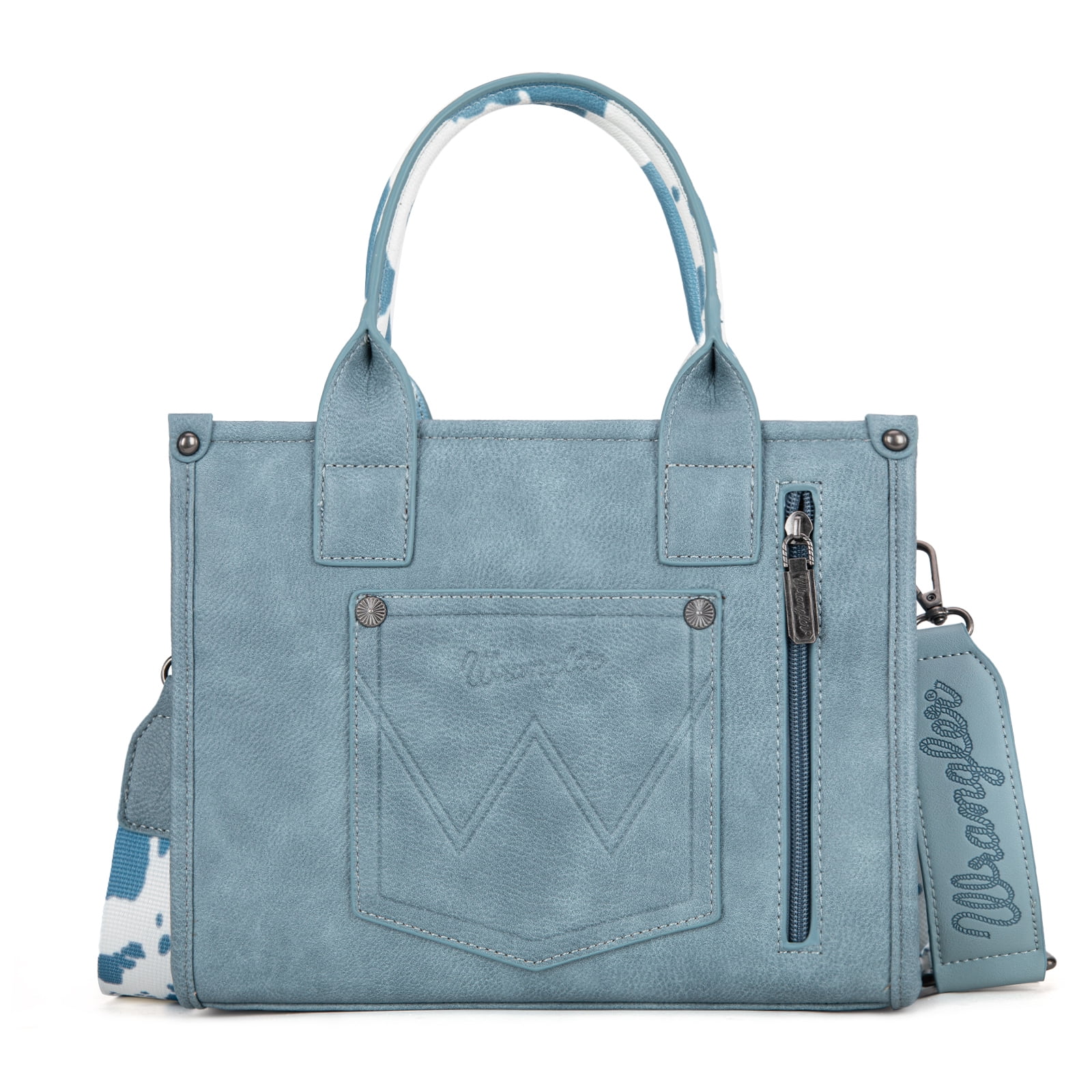 Wrangler Cow Print Tote Bag for Women Western Purse Boho Top Handle Satchel Handbag with Signature Strap, Cow-Blue