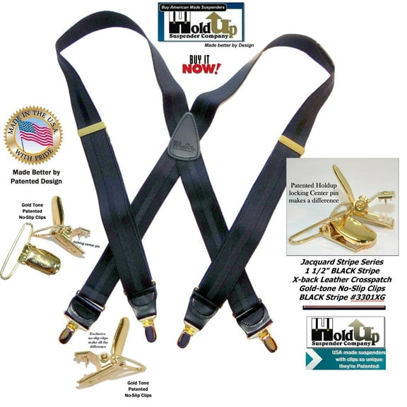 Hold-Ups Black Stripe Jacquard 1 1/2" X-back style and Patented No-slip Gold Clips.