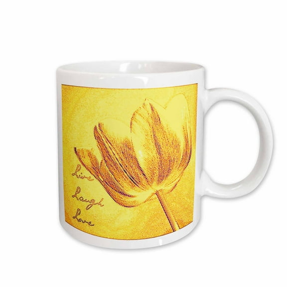 3drose, Yellow Tulip Sketch- Flowers- Inspirational Words- Live, Laugh, Love, 11oz Mug