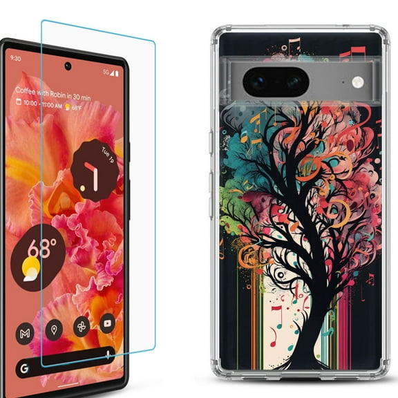 OneToughShield ® for Google Pixel 7a Shockproof Bumper Phone Case, with Tempered Glass Screen Protector - Musical Tree