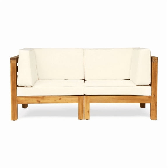 Wood 2-Piece Loveseat Set for Small Patio, Beige Outdoor Seating with Water-Resistant Cushions, Space-Saving Sectional