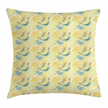 - Dragonfly Throw Pillow Cushion Cover, Water Lilies and Flying Insects in Artistic Vintage Style Exotic Fauna, Decorative Square Accent Pillow Case, 16 X 16 Inches, Pale Yellow Blue, by Ambesonne