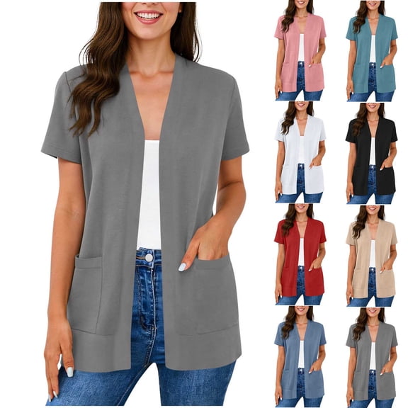 qolati Womens Short Sleeve Cardigan Spring Summer Fashion Top Casual Dressy Loose Lightweight Work Office Duster Cardigans with Pockets Black L
