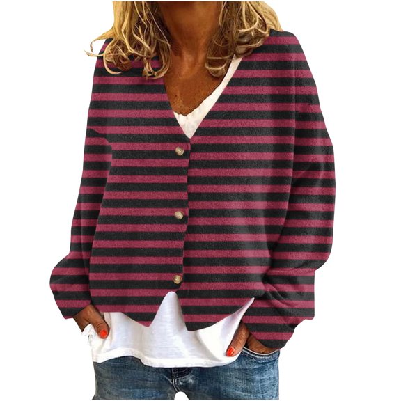 Lenpel Cardigan Sweaters for Women Long Sleeve V Neck Button down Striped Jackets Loose Casual Outwear