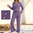 thumbnail image 3 of Bloomae Womens Ribbed Knit Lounge Set Ruched Pleated Long Sleeve Button V Neck Pullover Sweater Top and Wide Leg Long Pants 2 Piece Outfits Pajamas Sets Loose Cozy Sleepwear PJ Sets Purple M, 3 of 10