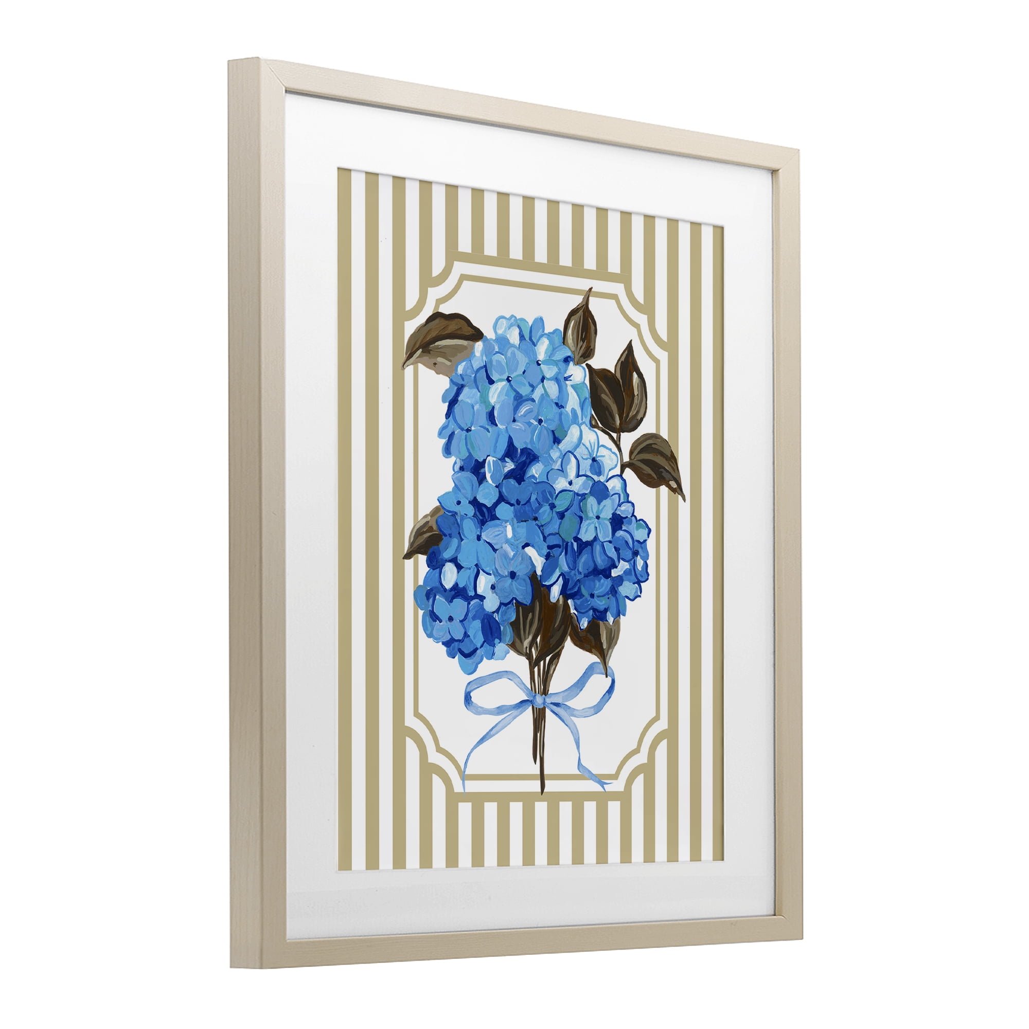 Blue Hydrangea Blossom Bow Birch Framed Print Under Glass, design by Adonna Ebrahimi