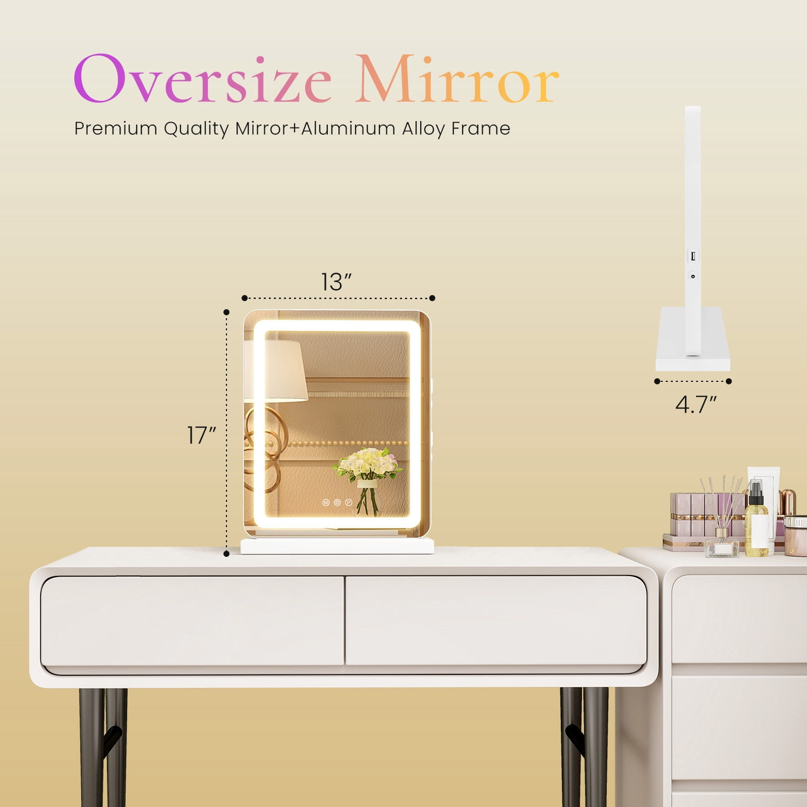 Gianna 13"x17" LED Vanity Mirror with Lights, Dimmable 3-Color Modes, Touch Screen Makeup Mirror for Dressing Table, White Square Design