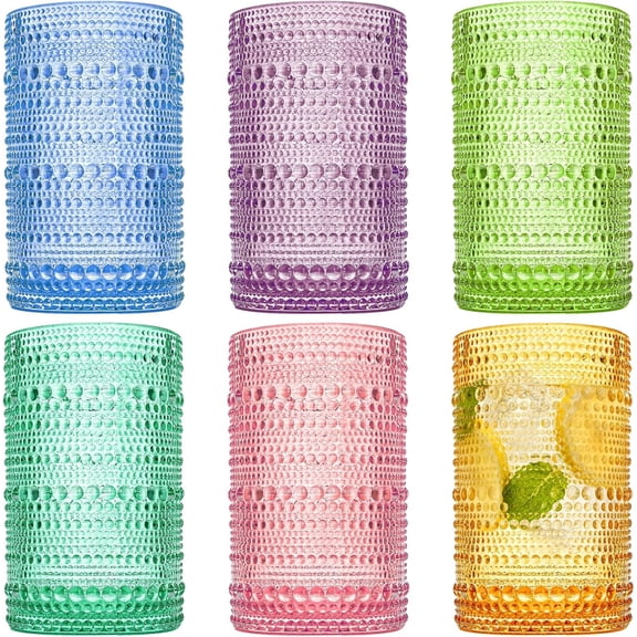 Set of 6 Drinking Glasses, 12 Oz Colored Hobnail Glasses Tumbler, Embossed Design Glass Tumblers Set for Water, Beverages, Juice, , , , Milk