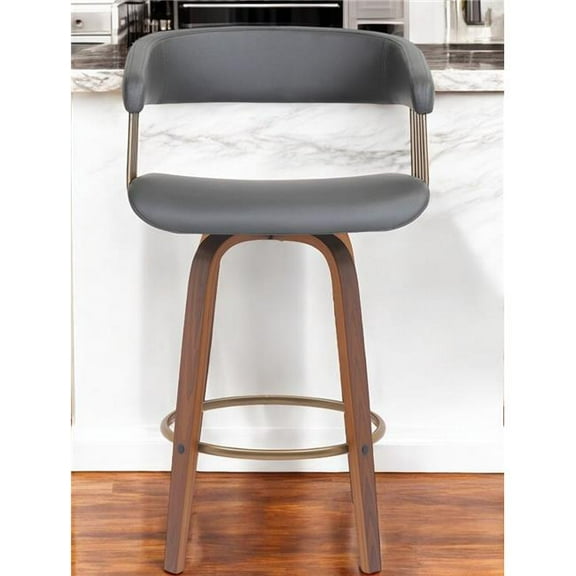 HomeRoots 534466 26 in. Gray & Wood Brown Faux Leather Swivel Counter Height Bar Chair