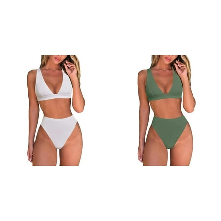 Lojoutye 2 Pack(White 1PCS & Army Green 1PCS) Multipack Womens High Waisted Thong Bikini Sets Brazilian Triangle Top Deep V Neck Two Piece Swimsuit Bathing Suits