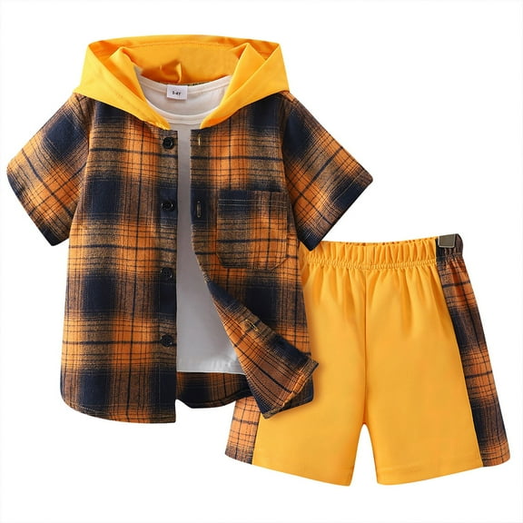 Tkrady Boys Clothes Spring Summer New Casual Plaid Lapel Cotton Short Sleeve Tops Hood Shorts 2 Piece Set, Sizes 3-9 Years