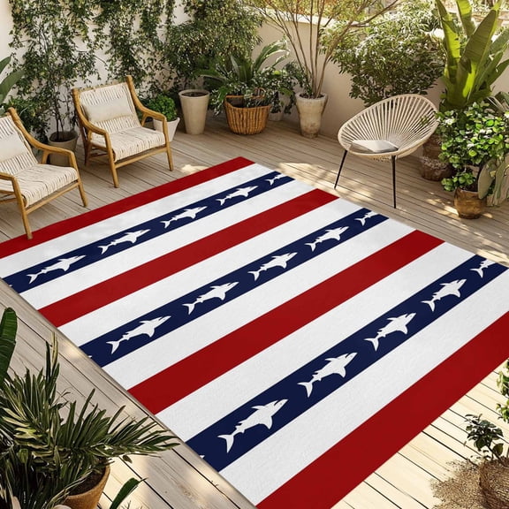 Ocean Shark Stripes Outdoor Area Rug 5x8ft Decorative Indoor Outdoor Rug Red White Striped Patio Area Rug for Porch, Deck, Balcony, Entryway, Camping & RV
