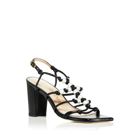 

STUART WEITZMAN Womens Black Knotted Faux Pearl Strappy Adjustable Strap Lar Square Toe Block Heel Buckle Leather Heeled Sandal 10
