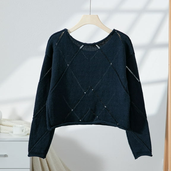 PiGOGI Women's Casual Oversize Solid Color Round Neck Hooded Long Sleeve Sweater - Comfortable Loose Fit Navy XL