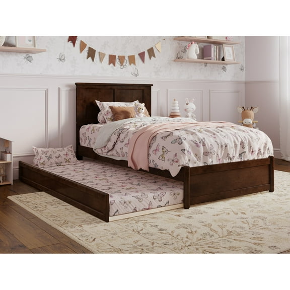 Felicity Twin Wood Platform Bed with Panel Footboard and Twin Trundle in Walnut