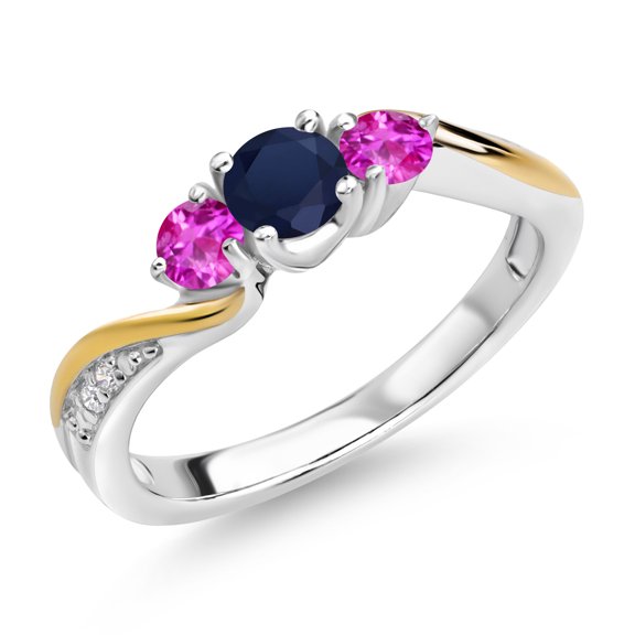 Gem Stone King 925 Silver and 10K Yellow Gold Blue Sapphire Pink Sapphire and White Lab Grown Diamond 3 Stone Engagement Ring for Women (0.64 Cttw, September Birthstone, Size 8)