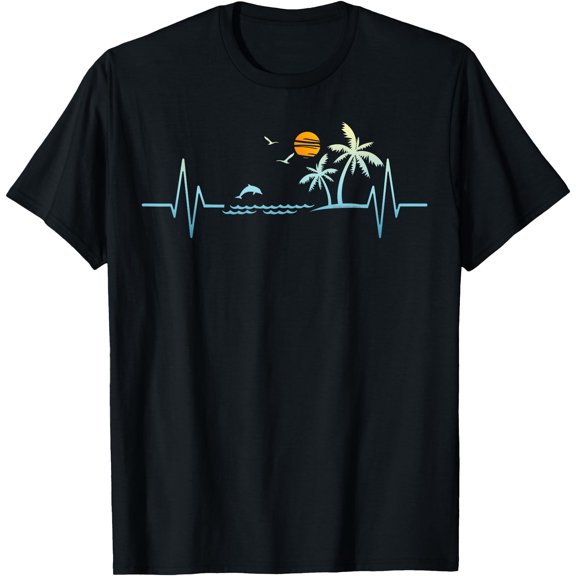 Heartbeat With Tropical Palm Trees Beach Island Sunset Unisex T-Shirt for Men Women Kids Toddler