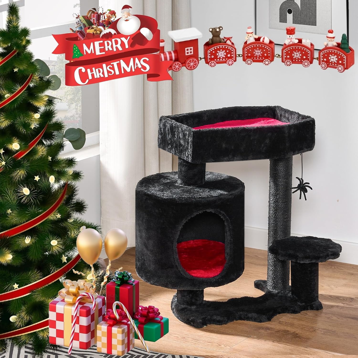 Gothic Cat Tree with Coffin Bed Goth Cat Tower Coffin Cat Tree Cat Condo with Cat Scratching Post, Spider Hanging Ball Black Red Halloween Kitten Pet Furniture