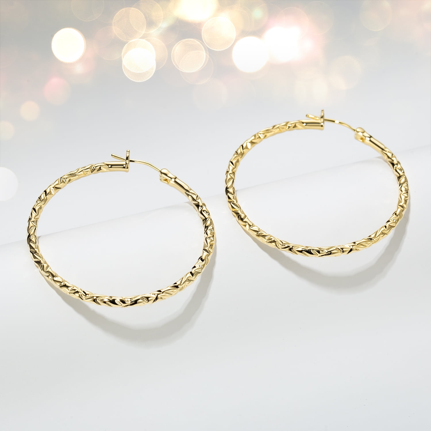 14K Gold Hoop Earrings for Women Textured 40mm Large Gold Hoops with Engraved Braided Pattern, Lightweight Everyday Statement Gold Plated Jewelry