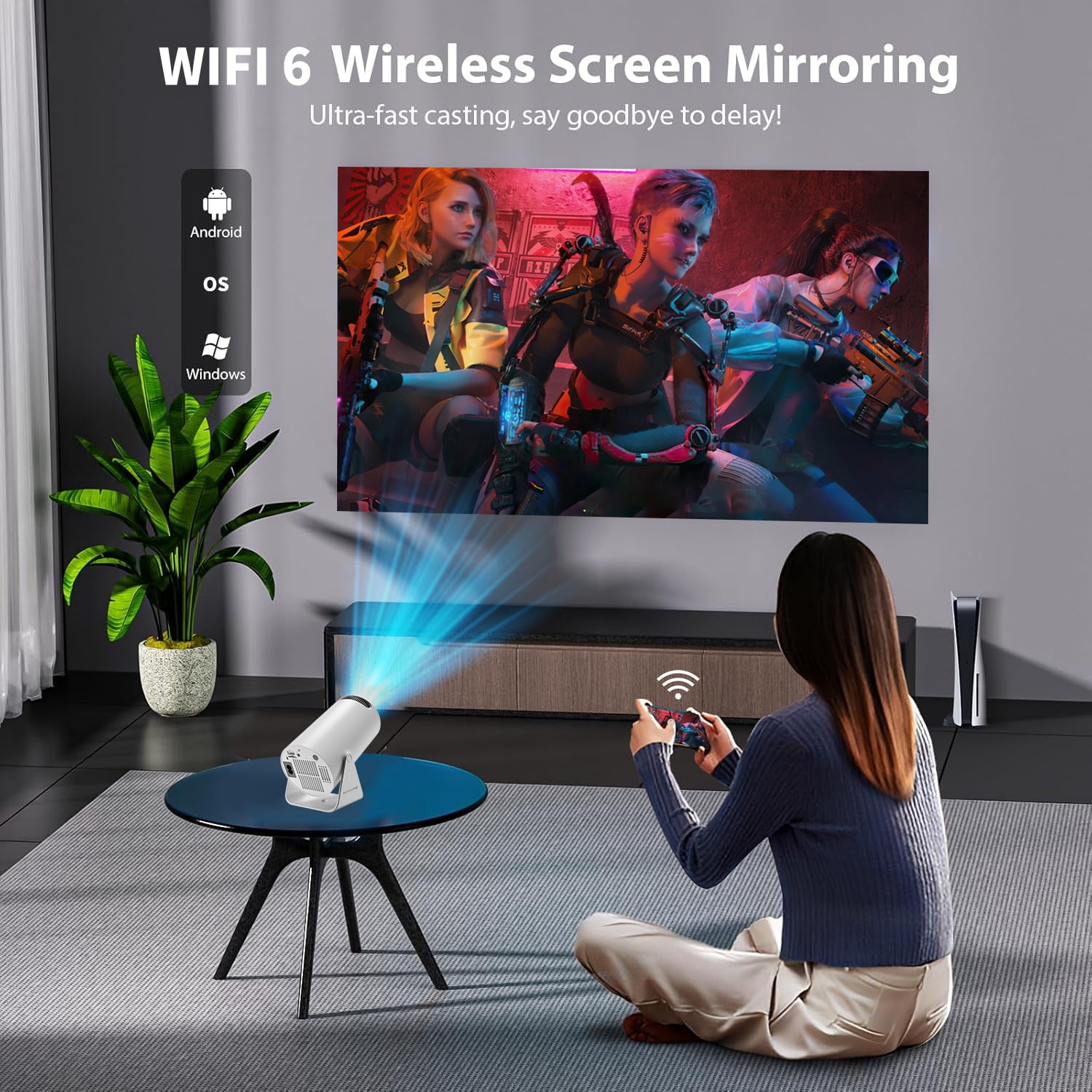 Mini Portable Projector with WiFi 6 and Bluetooth 5.0 Smart Projector 1080P Support Movie Projector 4K Decode Built-in Android 11.0 for Home Theater Compatible for Smartphone/Tablet/Laptop