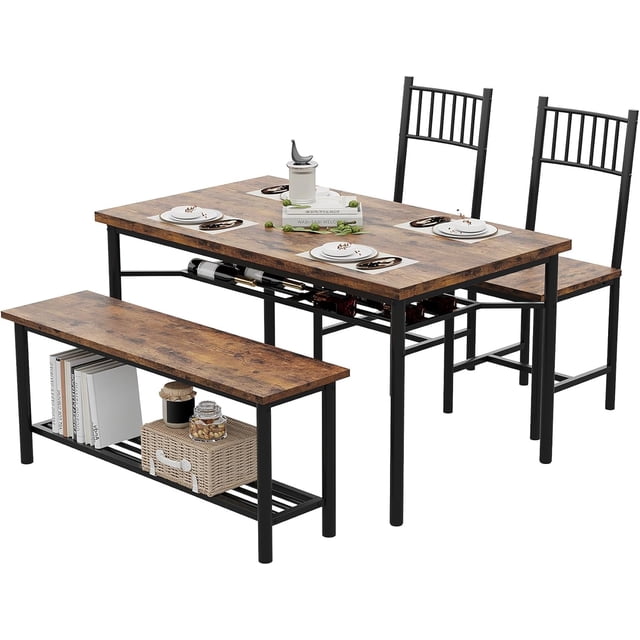 Eastvita Dining Table Set for 4 Rectangular Kitchen Table with Bench/2 Chairs/Wine Rack//Storage Benches in Rustic Brown for Small Space Apartments