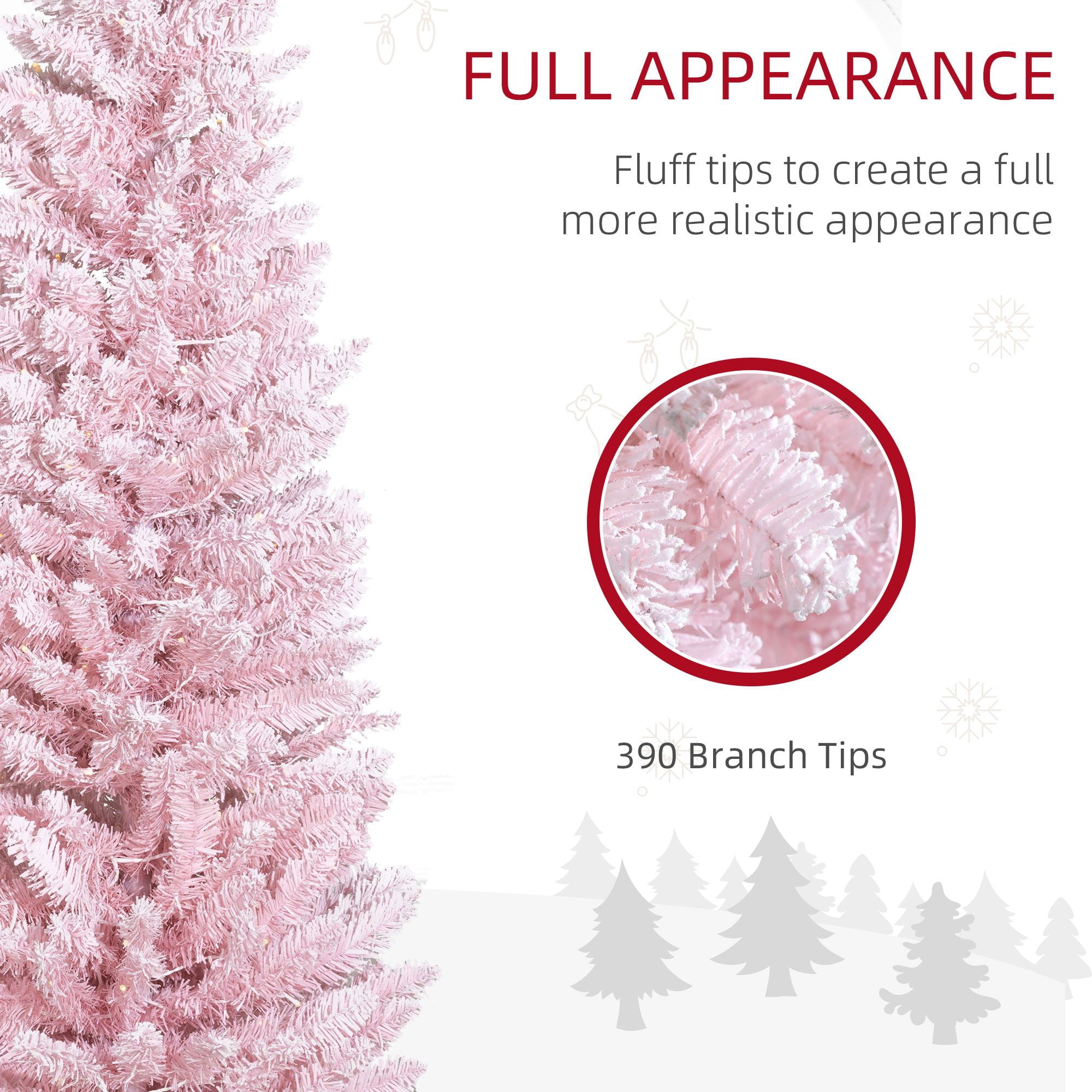 6ft Pencil Christmas Tree, Slim Artificial Christmas Tree with Realistic Branches and Warm White LED Lights, Pink