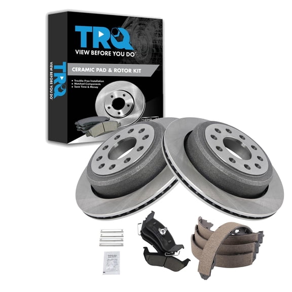 TRQ Rear Brake Pad & Rotor Kit Brake Pads Brake Rotor Parking Brake Shoe Set Ceramic Fits Select 2003-2011 Lincoln Town Car
