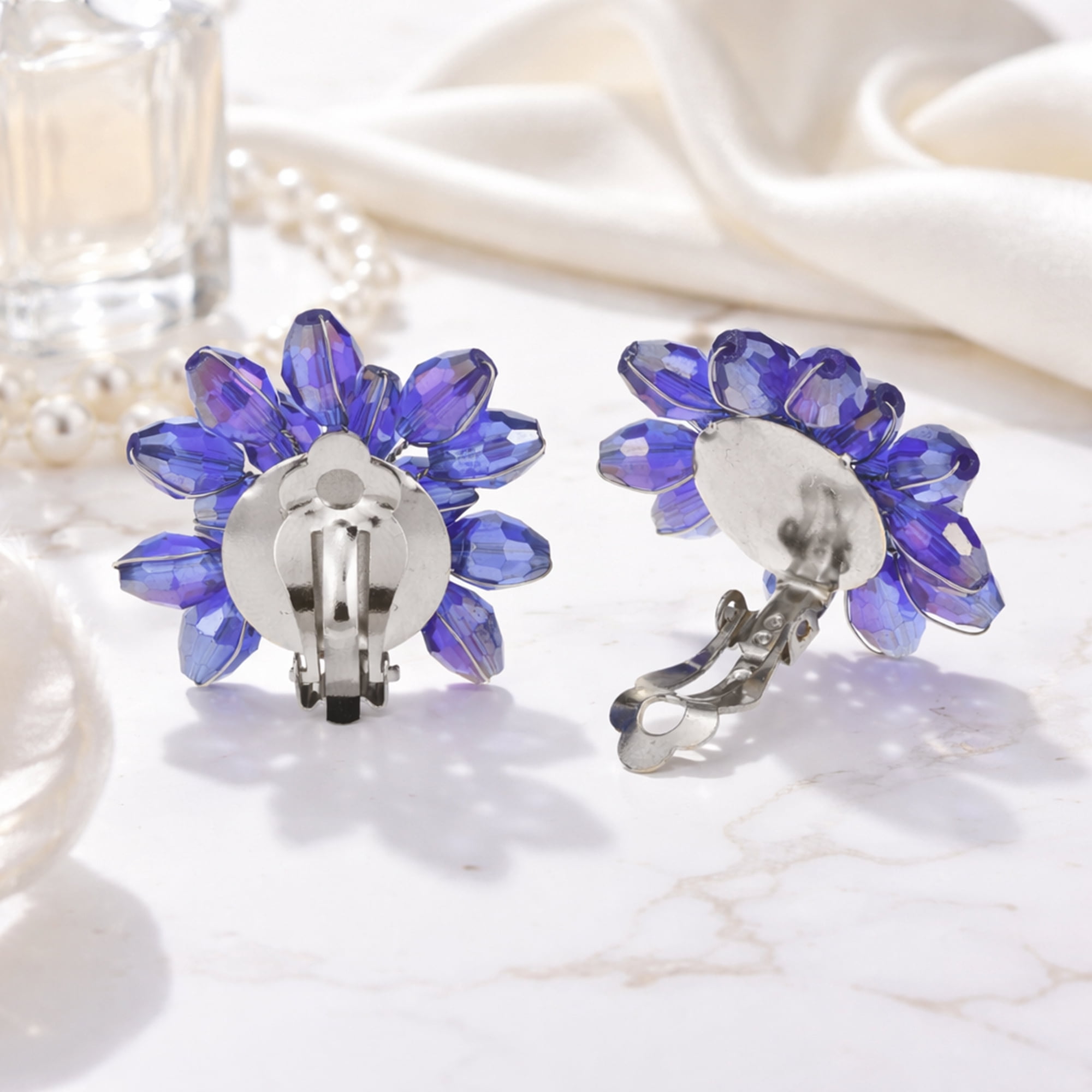 Dazzling Purple Chrysanthemum Floral Crystal Clip On Earrings