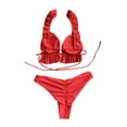 thumbnail image 4 of Matching Family Swimsuits Women's Solid Color Fashion Casual Ruffled Edge Split Binding Bikinis Sets, 4 of 7