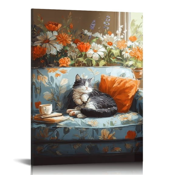 GooTPa Funny Cute Cat Drinking Coffee Canvas Wall Art, Canvas Prints Wall Art for Living Room Bathroom Bedroom Office, Art Print Painting for Home Decorations - 12x16in