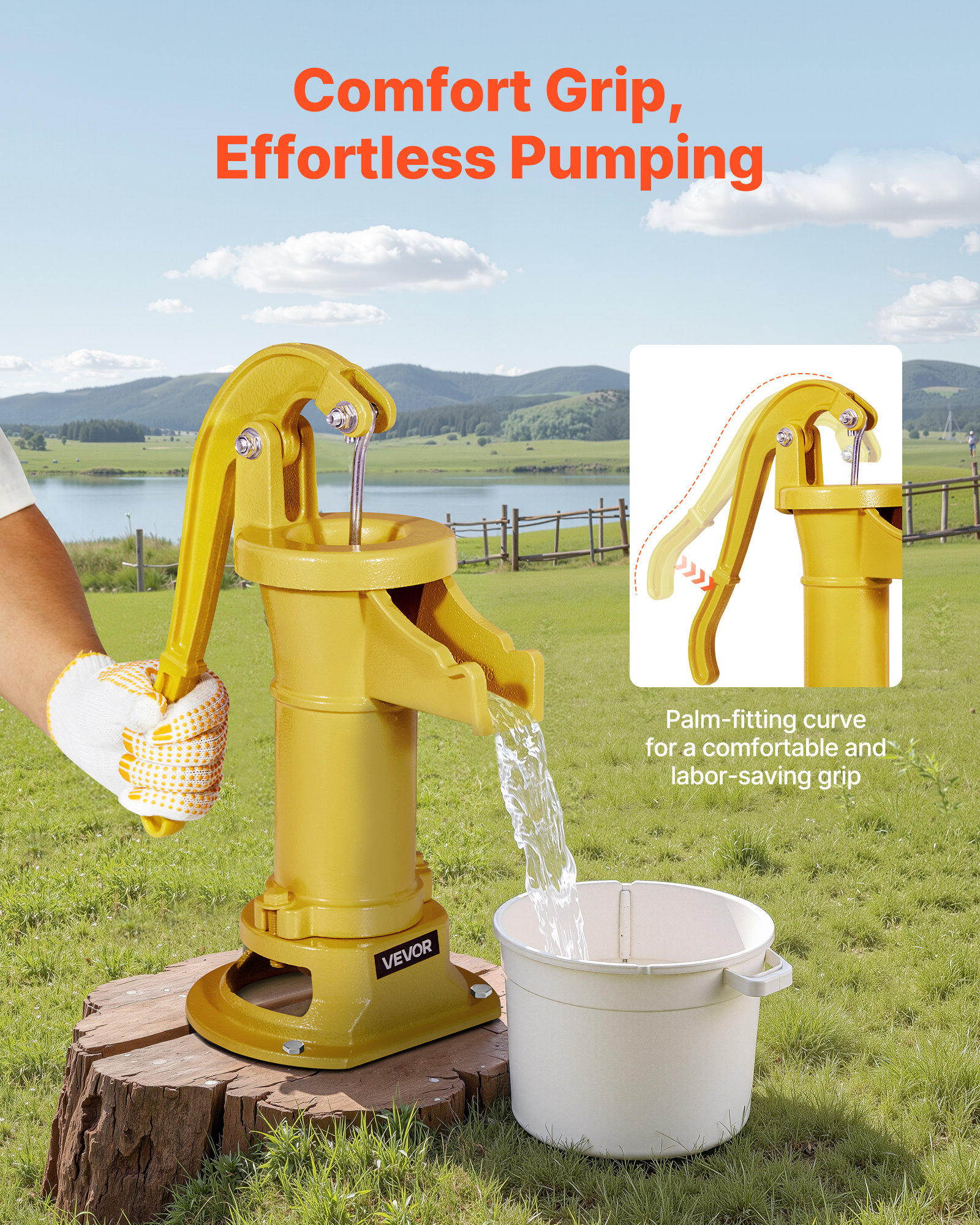 VEVOR Well Hand Pitcher Pump, 25 ft Maximum Lift, Antique Cast Iron Manual Hand Water Pump, NPT 1-1/4 in Connection, Easy Installation, Old Fashioned for Outdoor Garden, Pond, Backyard, Farm, Yellow