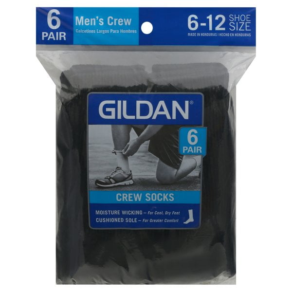 Gildan 6Pk Blk Crew Socks