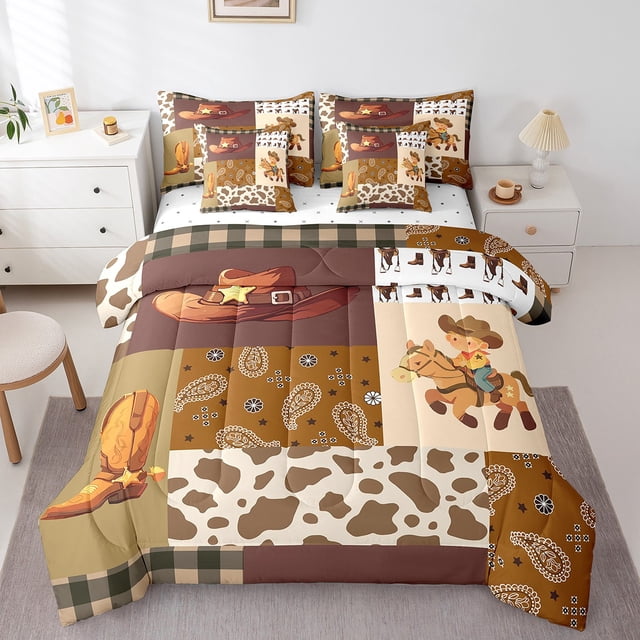 Erosebridal Highland Cow Comforter Set with Sheets Queen Size Western Decor Bed in a Bag Set Western Cowboy 7 Pieces Bedding Set Rodeo Cowboy Style Bed Set Room Decor Dull Brown