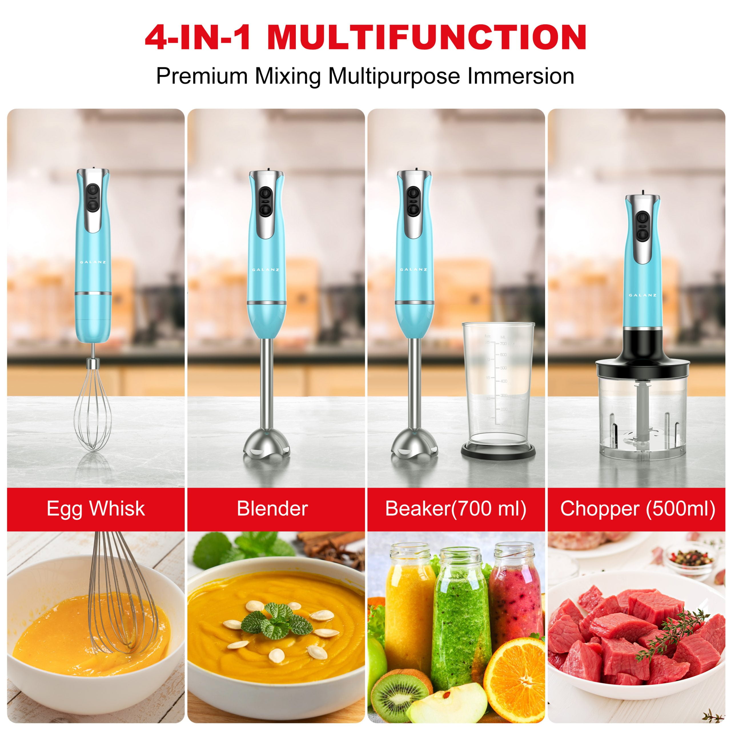 2-Speed Retro Blue Immersion Blender with Whisk and Chopper Attachments