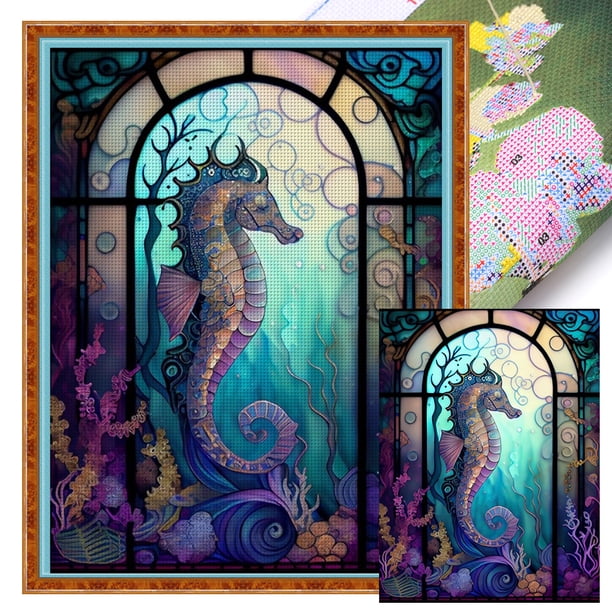 Hilo de algodón ecológico bordado JShteea 11CT 50*65cm pintura vidrio-Kit serie punto cruz caballito mar