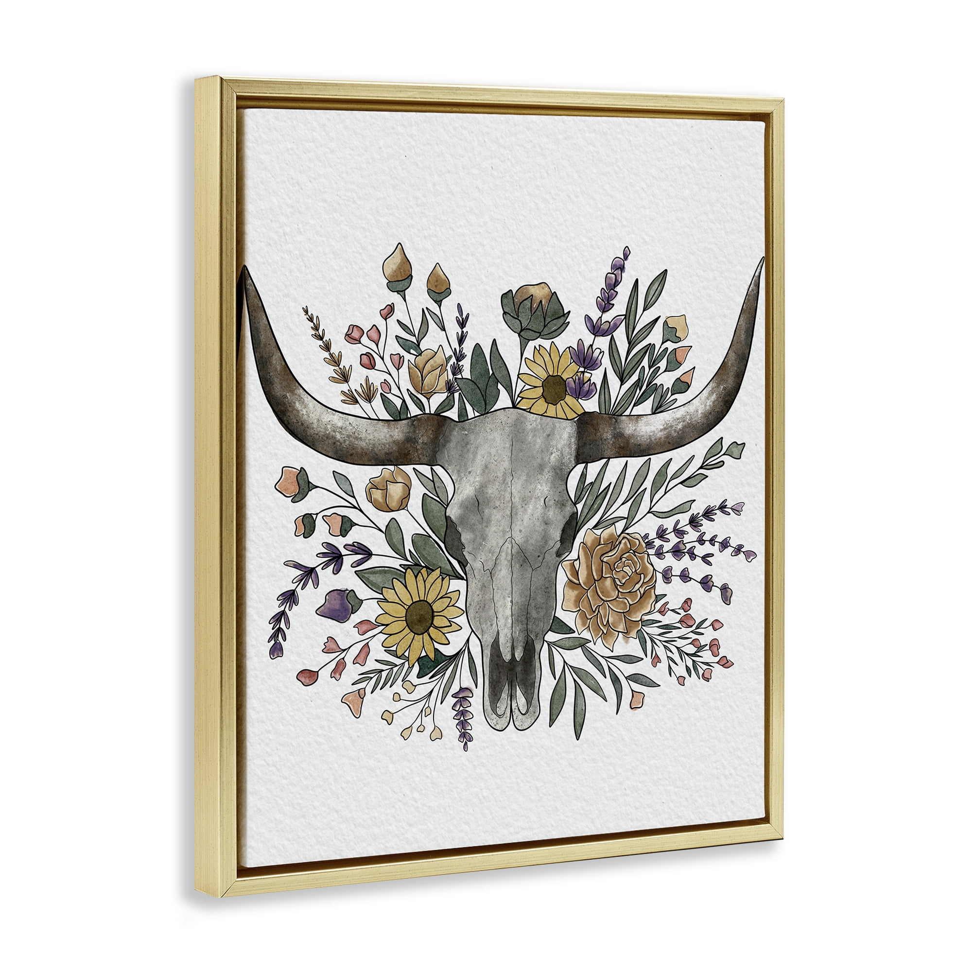 Stupell Industries Boho Wildflower Longhorn Gold Framed Floater Canvas Wall Art, design by Alisha Kiara Design