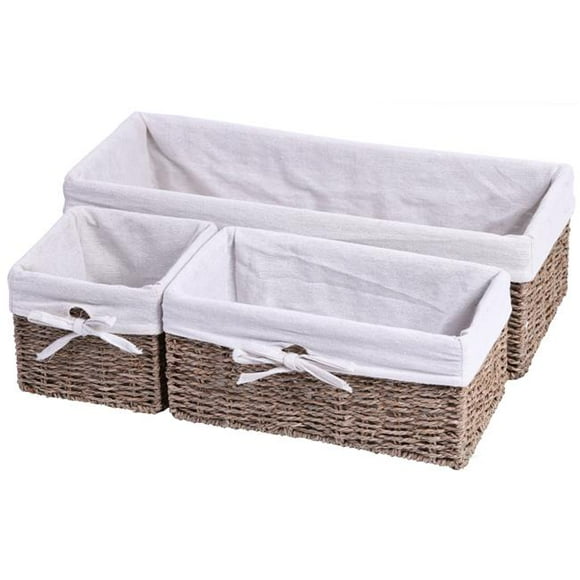 Seagrass Shelf Storage Baskets with Lining, Natural - Set of 3