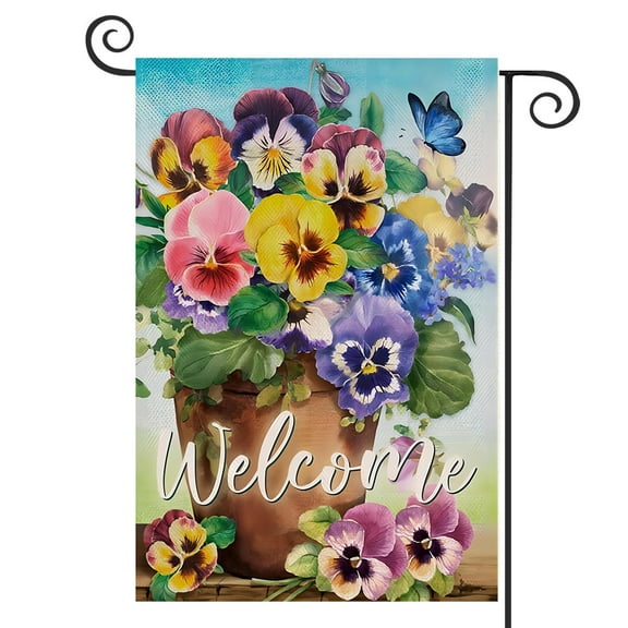 DMERBYL Welcome Spring Pansy Floral Garden Flag Double Sided, Flower Pot Arrangement Decorative House Yard Lawn Outdoor Small Decor, Summer Holiday Butterfly Farmhouse Home Outside Decorations 12 x 18