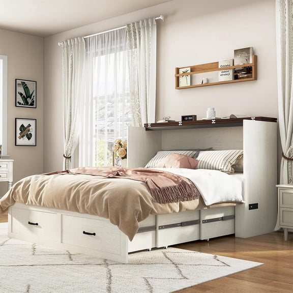 ANPOO Full Size Murphy Chest Bed with Drawer and Power Outlets, Farmhouse Wood Hidden Folding Bed Chest w/2 Storage Drawers, Multifunctional Storage Cabinet Bed for Bedroom,White