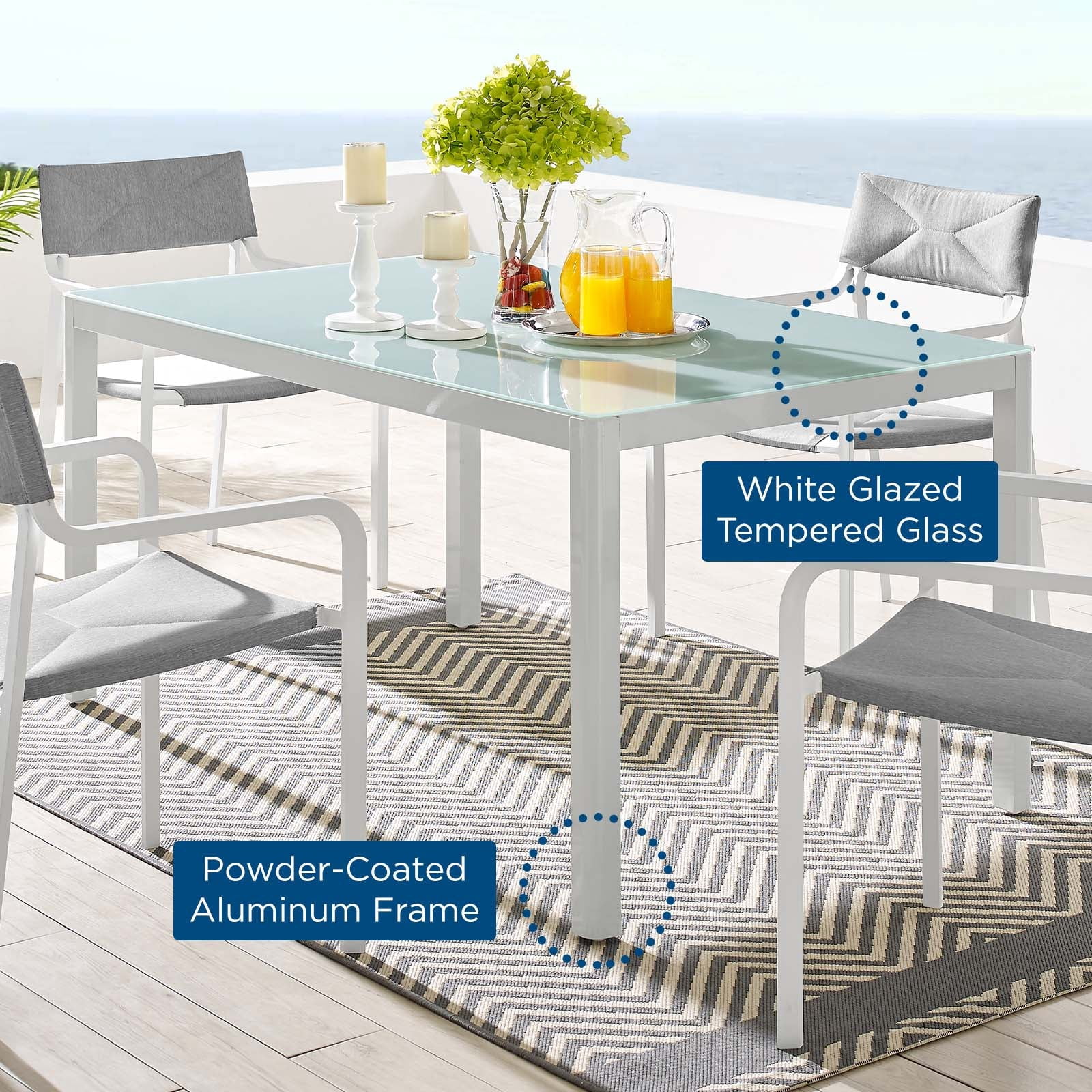 Modway Raleigh 59" Outdoor Patio Aluminum and Glass Dining Table in White