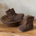 thumbnail image 3 of Girls Winter Riding Boots Vintage Suede Round Toe Antislip Flat Mid Calf Booties Trendy Buckle Strap Zipper Moto Boots 9 Toddler Brown, 3 of 6