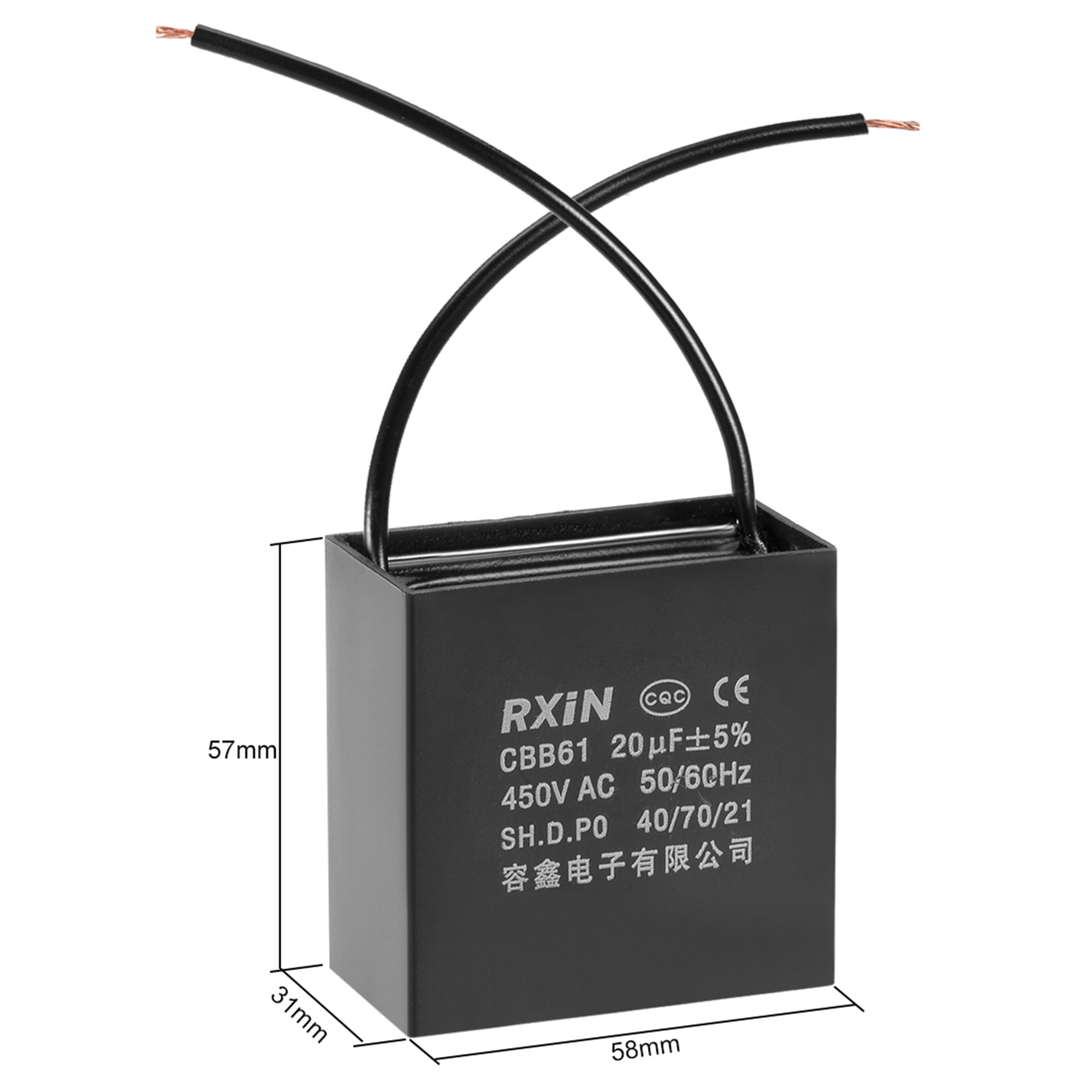 Cbb61 Run Capacitor 450v Ac 20uf 2 Wire Metallized Polypropylene Film Capacitors For Ceiling Fan